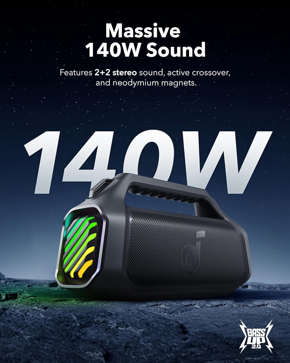 soundcore Boom 2 Plus Outdoor Speaker, 140W, 2+2 Channel, BassUp 2.0, 20H, Fast Charge, IPX7 Waterproof, RGB Lights, USB-C, Power Bank, Portable Bluetooth Speaker, Camping, Beach, Backyard-Black