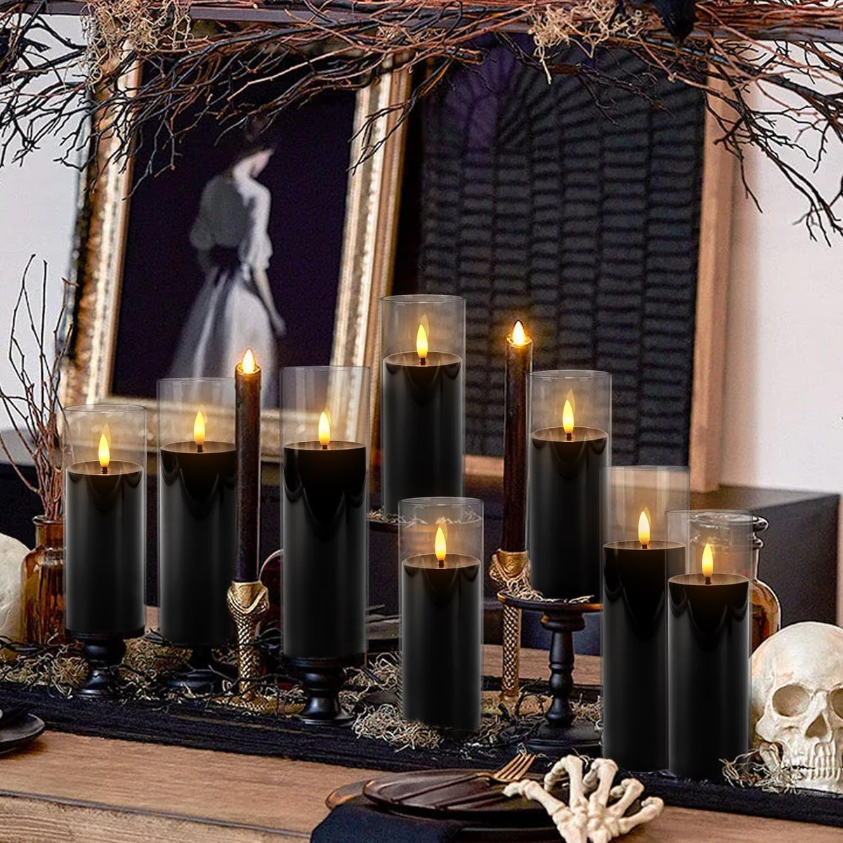 24-Pack Black Flameless LED Candles - Elegant Black Acrylic Pillar, Realistic Flickering Flame, Remote & Timer for Halloween, Gothic Decor, Weddings, Christmas & Home Decoration