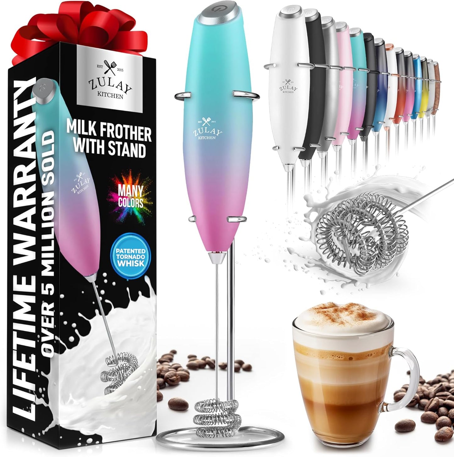 Zulay Kitchen Powerful Double Whisk Milk Frother Handheld - Foam Maker with Stand - Whisk Drink Mixer for Coffee, Mini Foamer for Latte, Matcha, Frappe, Hot Chocolate & Cappuccino (Black)
