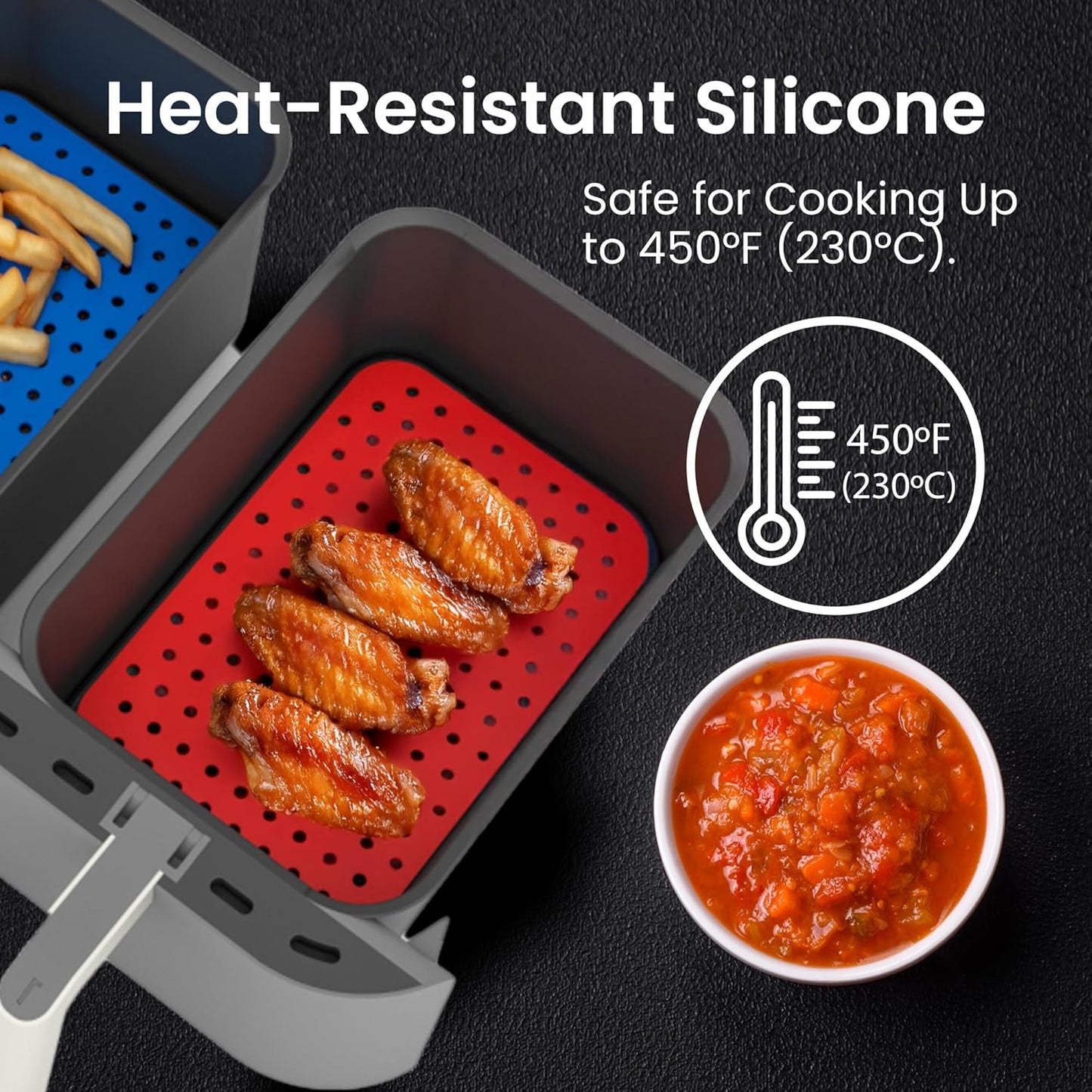 Collapsible Silicone Air Fryer Basket Liners Pot - AirFryer Liners Reusable Bowls for 5 Quart or Bigger - Air Fryer Accessories 2 Pack - Round Silicone Liners (Red & Black)
