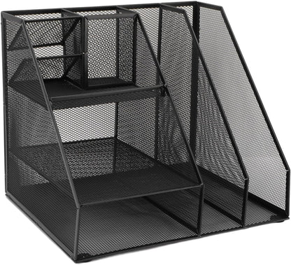 Metal Mesh Desktop Organizer Efficient Iron Storage Rack for Office Home School Supplies Black Iron
