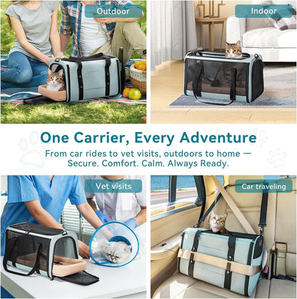 Petsfit Pet Carrier Airline Approved, Soft-Sided Cat Carrier with Patented Car Buckle, Lightweight and Collapsible with Adjustable Shoulder Strap, Soft Cushion,Green