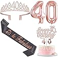 8pcs 40th Birthday Decorations gifts for Women, Including 40th Happy Birthday Cake Topper, Queen Sash with Pearl Pin, Sweet Rhinestone Tiara Crown for Women, Number Candles and Balloons (Rose Gold)