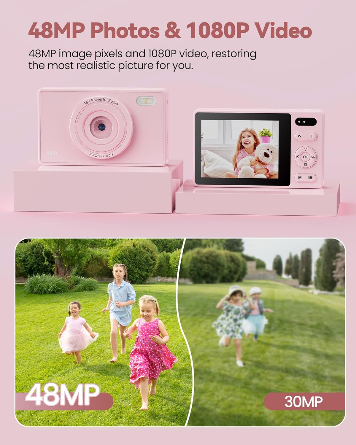 64GB Digital Camera for Kids Photography: 48MP Mini Camera Anti Shake 1080P Video Camera Autofocus 16X Zoom Anti Shake Point and Shoot Camera 2 Batteries Gift for Kid Student Beginner Black
