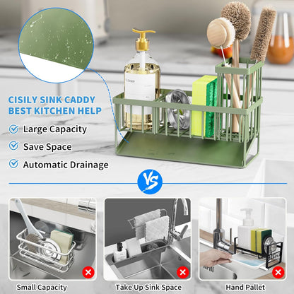 Cisily Kitchen Sink Caddy Organzier with High Brush Holder, Sponge Holder for Sink, 304 Rustproof Stainless, Kitchen Countertop Soap Dispenser Organizer, Kitchen Decor and Accessories (Black)