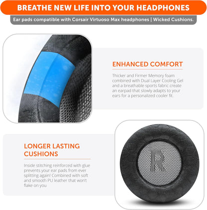 WC Freeze V2 Virtuoso Max - Cooling Gel Earpads for Corsair Virtuoso Max by Wicked Cushions | Extreme Comfort, New Freeze V2 Cooling Fabric, Extra Thick | Black