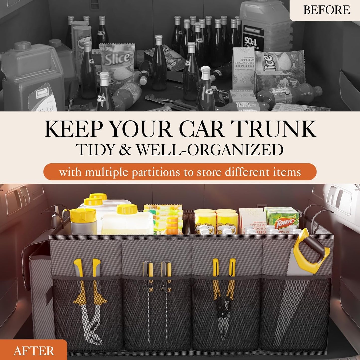 HOTOR Trunk Organizer - Car Organizer, Foldable Trunk organizer for SUVs & Sedans, Car Accessories, Tools, Sundries, 2 Compartments, Black