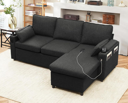 DURASPACE Sofa Bed Sleeper Pull Out 2 in 1 Sectional Sleeper Sofa Couches with Storage,USB, Cup Holder,Pullout Sectional Couches for Apartment Living Room (Dark Gray Linen)