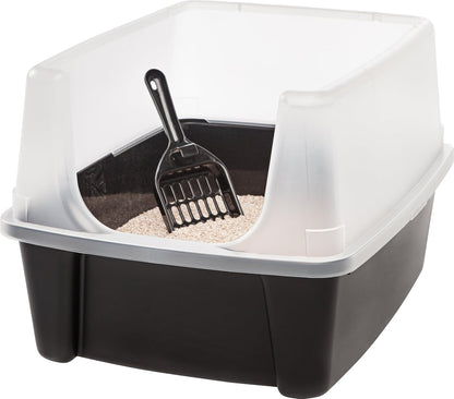 IRIS USA Large Cat Litter Box with Scoop, Open Top Cat Litter Pan, Black