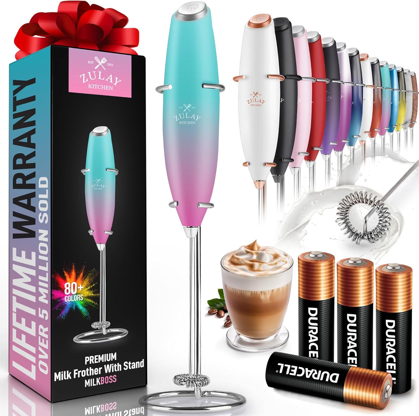 Zulay Milk Frother Complete Set Coffee Gift, Handheld Foam Maker for Lattes - Whisk Drink Mixer for Coffee, Mini Blender for Cappuccino, Frappe - Includes Frother, Stencils & Frothing Cup (Black)