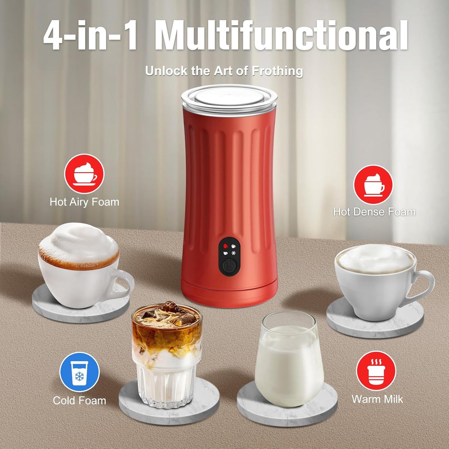 Electric Milk Frother, 4-in-1 Milk Steamer and Frother, 8.1oz/240ml Automatic Warm and Cold Foam Maker, Auto Shut-Off Frother for Coffee, Latte, Cappuccino, Macchiato(Black)