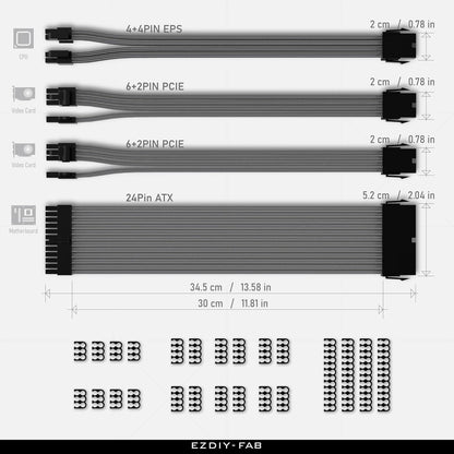 EZDIY-FAB PSU Extension Cable Sleeved Custom Mod PC Power Supply Cable, Soft Nylon Braided with Comb Kit 24PIN/8PIN to 6+2Pin/ 8PIN to 4+4PIN-30CM 300MM - All White Edition