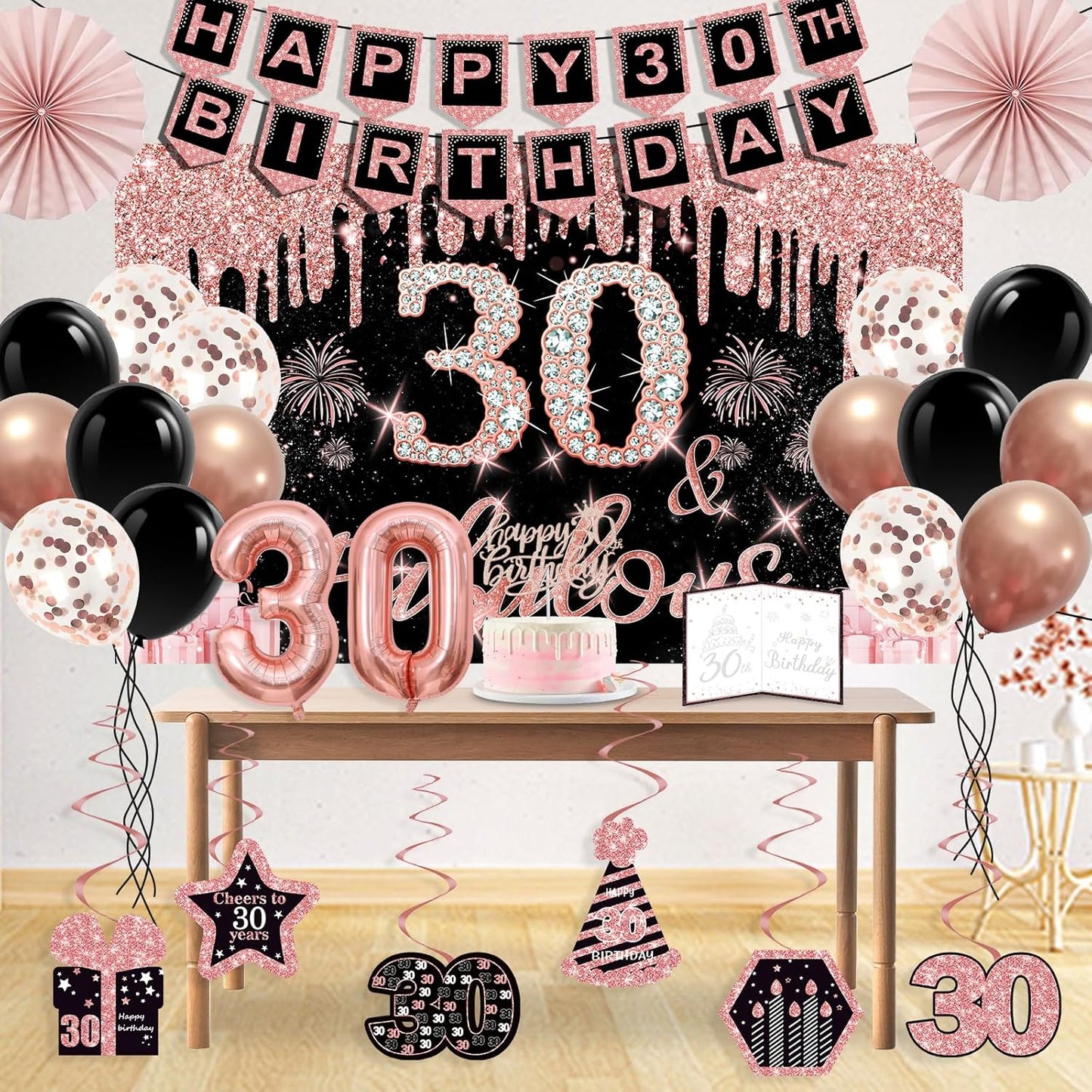40th Birthday Decorations for Women,32pcs 40th Birthday Party Decorations,Including Backdrop, Crown,Sash,banner, Hanging Swirl,Cake Topper,balloons,Paper Fans,Anniversary Card and paper fans