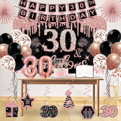 40th Birthday Decorations for Women,32pcs 40th Birthday Party Decorations,Including Backdrop, Crown,Sash,banner, Hanging Swirl,Cake Topper,balloons,Paper Fans,Anniversary Card and paper fans