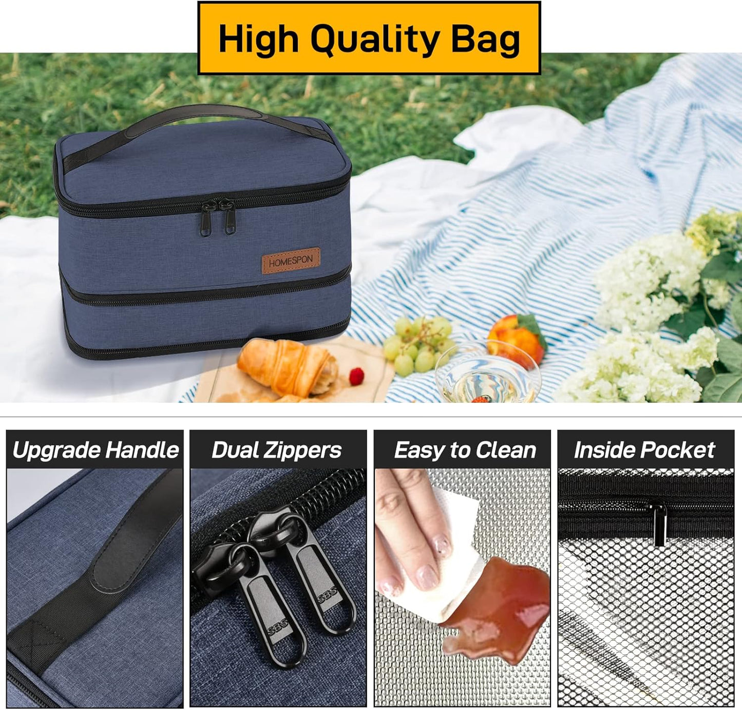 HOMESPON Expandable Lunch Bag for Men Women Insulated Lunch Box Holder with Handle for Picnics Work Travel (Blue)