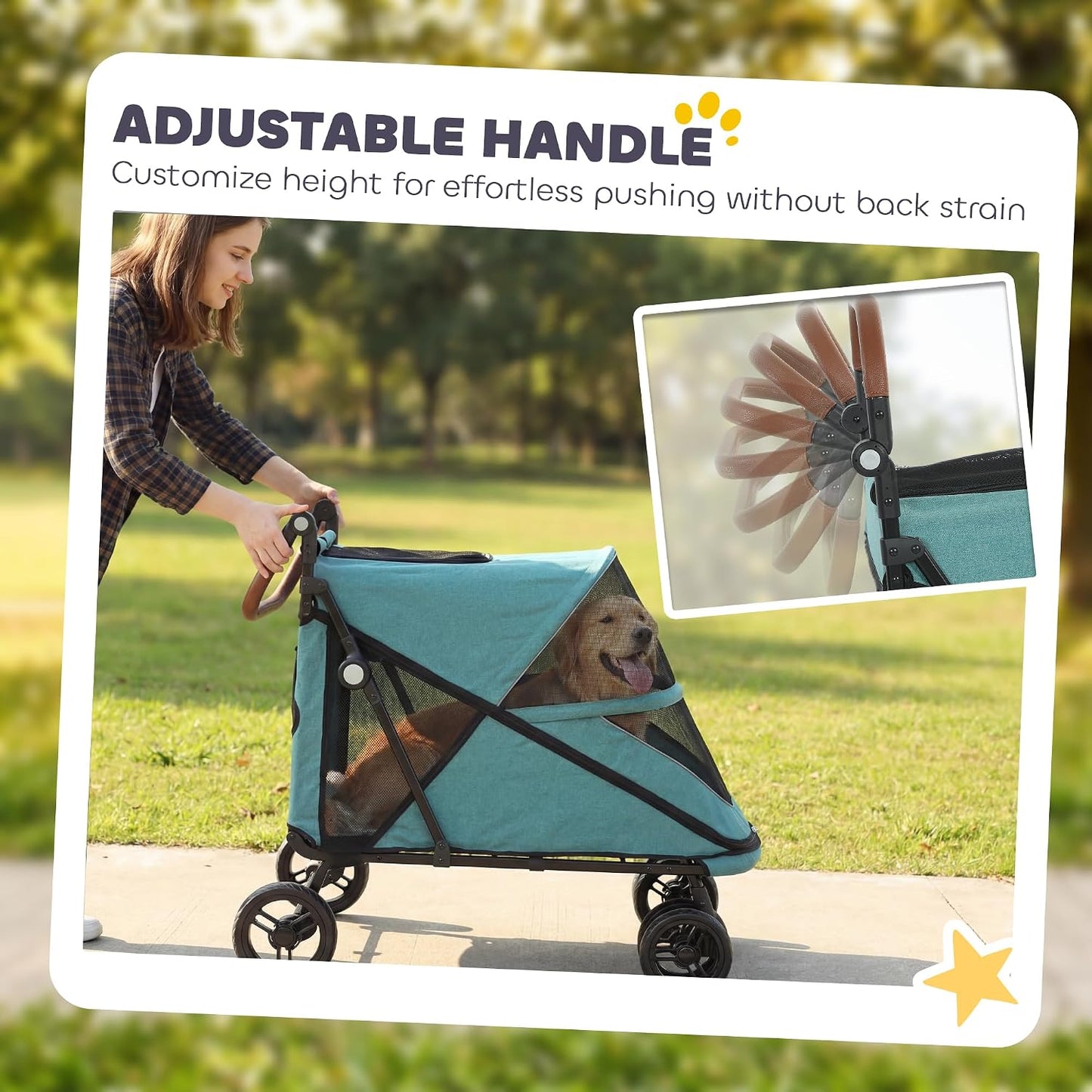 PawHut Dog Stroller for Large Dogs Up to 66 lbs Easy Fold Cart Turquoise | 4-Wheel Shock Absorption, One-Foot Brake, All Terrain Wagon Cart, Air Mesh