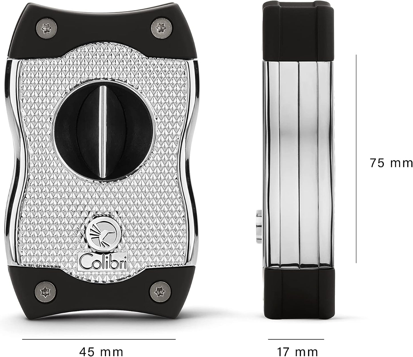 Colibri SV-Cut Cigar Cutter | Chrome and Black | Trigger Spring Blades | V-Cut Cut Depth 7mm and Straight Cut Up to 3mm | Gauge Up to 68 Rings | Ergonomic Design