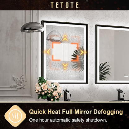 TETOTE 28x36 LED Mirror for Bathroom Black Metal Frame Frontlit & Backlit Lighted Vanity Mirror Baroque Gothic Anti Fog Stepless Dimmable White/Warm/Natural,Wall Mounted(Horizontal/Vertical)