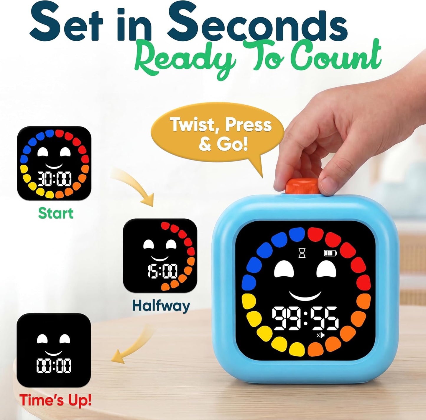 Digital Visual Timer for Kids - Calmer Routines & Transitions | Silent, Rechargeable, 99-Min Clock, Alarm, Countdown & Count-up; For Classroom, Home & Therapy - Builds Focus & Independence