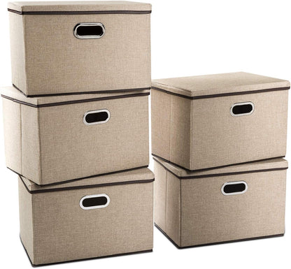 PRANDOM Large Foldable Storage Bin with Lid [1-Pack] Linen Fabric Decorative Storage Box Organizer Containers Basket Cube with Handles Divider for Bedroom Closet Office Living Room (17.7x11.8x11.8")