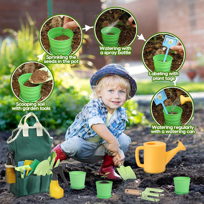 CUTE STONE Pink Kids Gardening Tool Set, Garden Toys W/ Shovel, Rake, Trowel, Apron W/Pockets, Garden Tote Bag, Watering Can, DIY Stickers, Outdoor Backyard Digging Gift Toys for Boys Girls