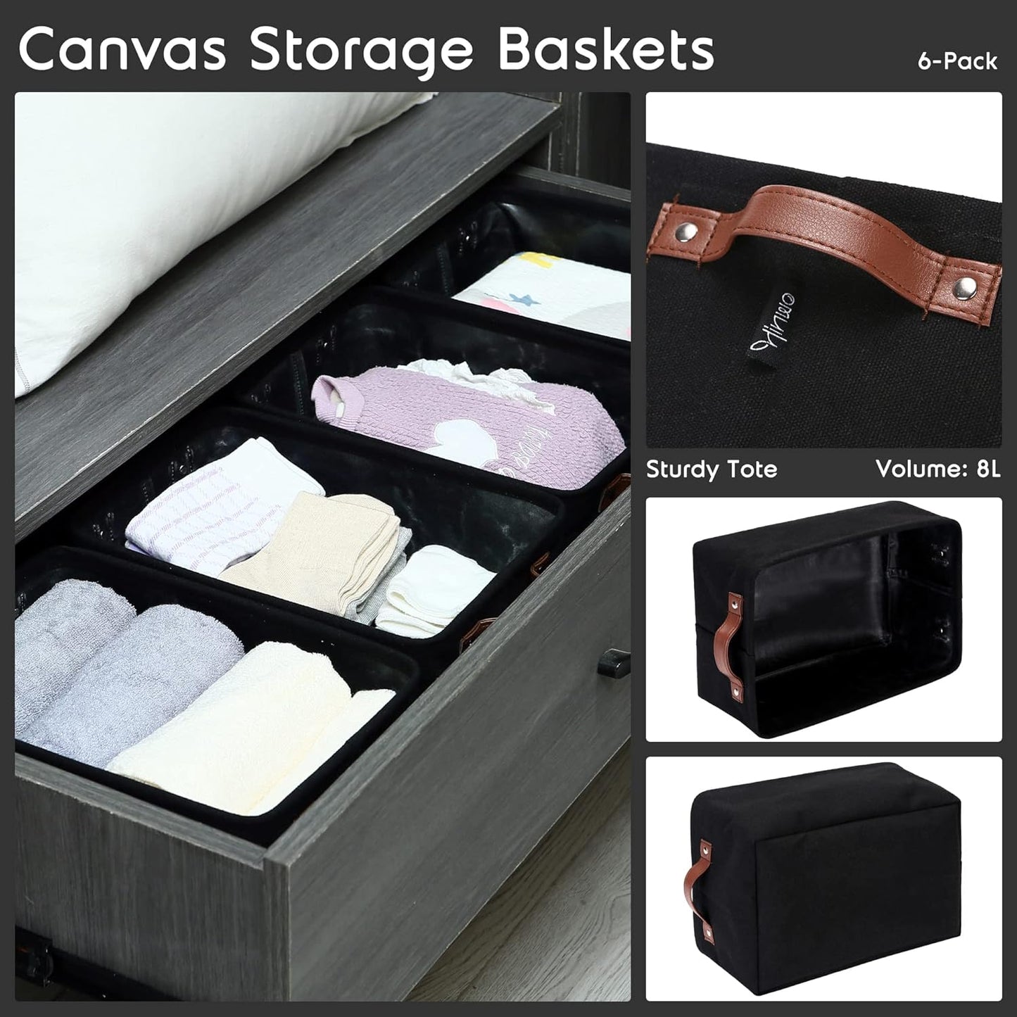 Hinwo 6-Pack Small Canvas Fabric Storage Baskets Set with Handles, Open Storage Bins, Cube Storage Organizer, Shelf Organizer Bins for Closet, 7.9L, 12 x 8 x 5 Inches, Grey Stripe