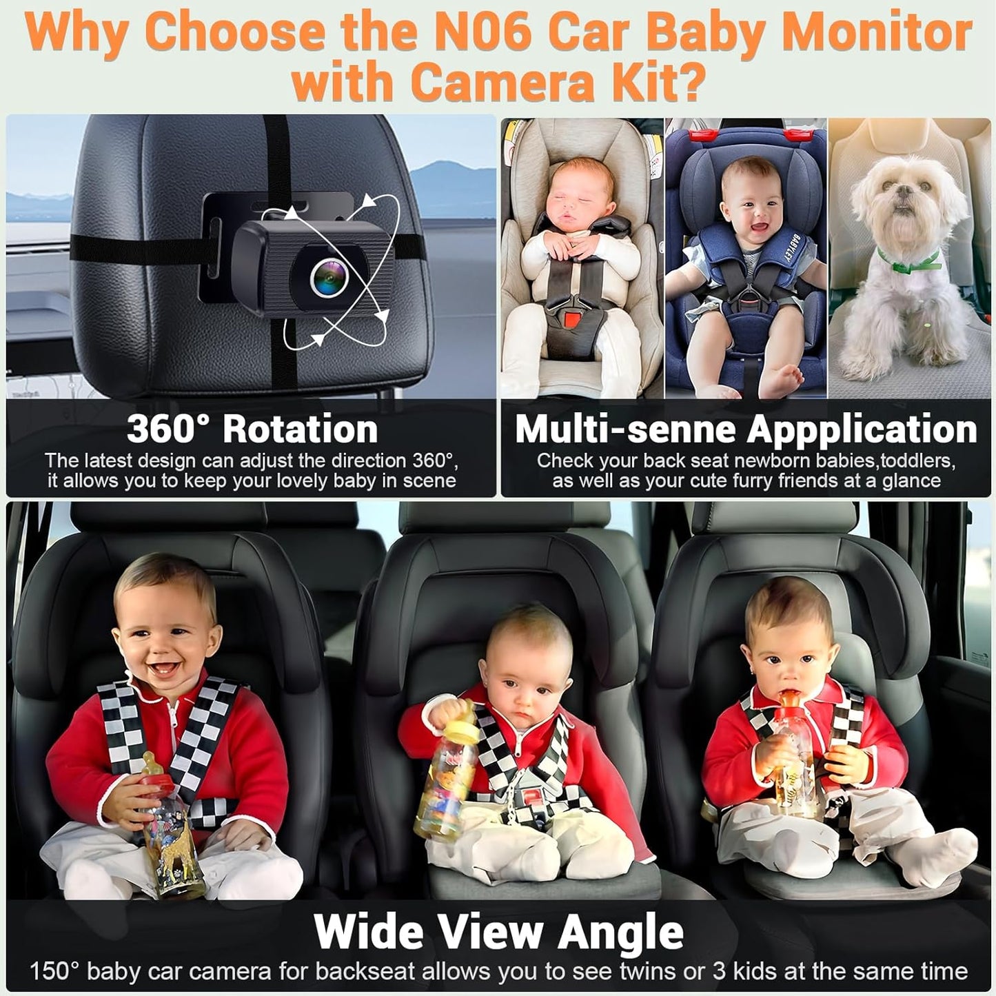 Rohent Baby Car Camera HD 1080P - Rear-Facing Infant Monitor with Night Vision Car Camera for Baby 150° Wide-Angle Lens Anti-Glare Screen Easy Install 360° Adjustable Display