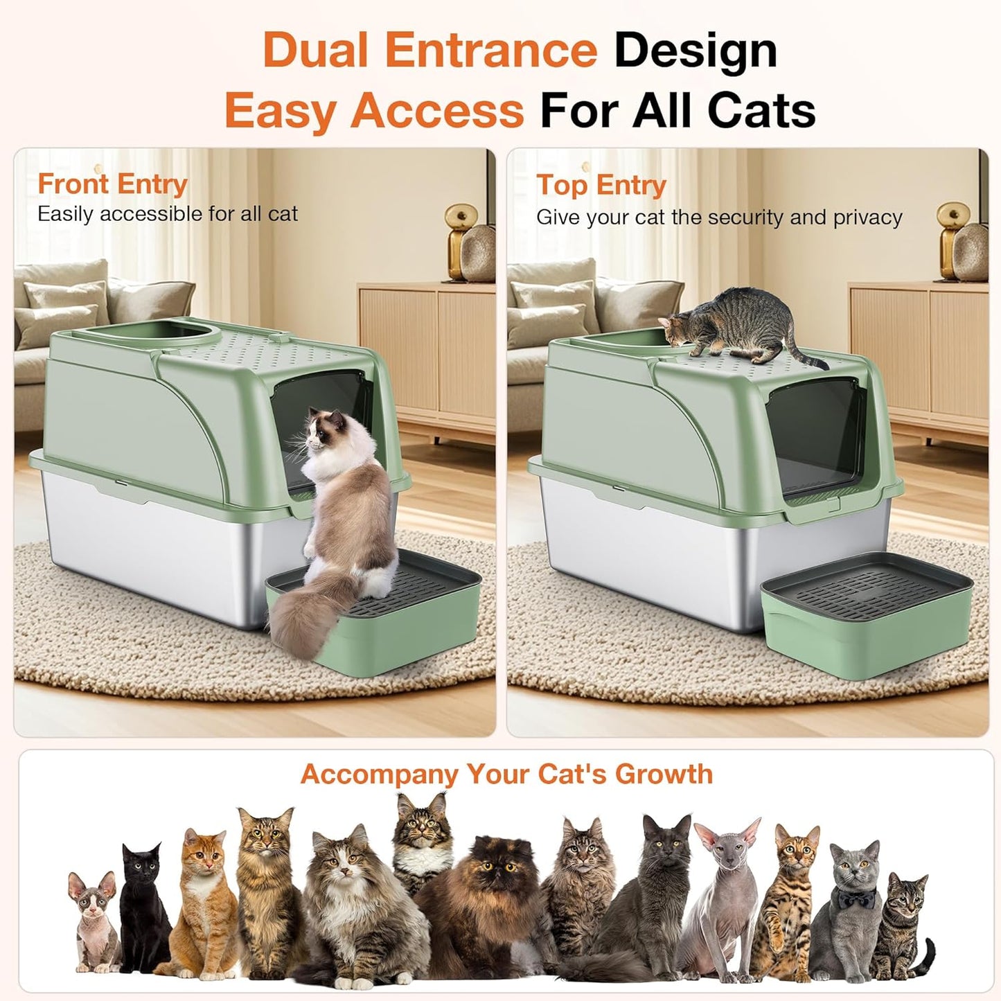 Stainless Steel Litter Box, XXL Large Metal Covered Litter Boxes, Dual Entrance Detachable Cat Litter Box with Lid, 16.6'' High Wall Urine Leak Prevention with Cat Litter Scoop (Gray)