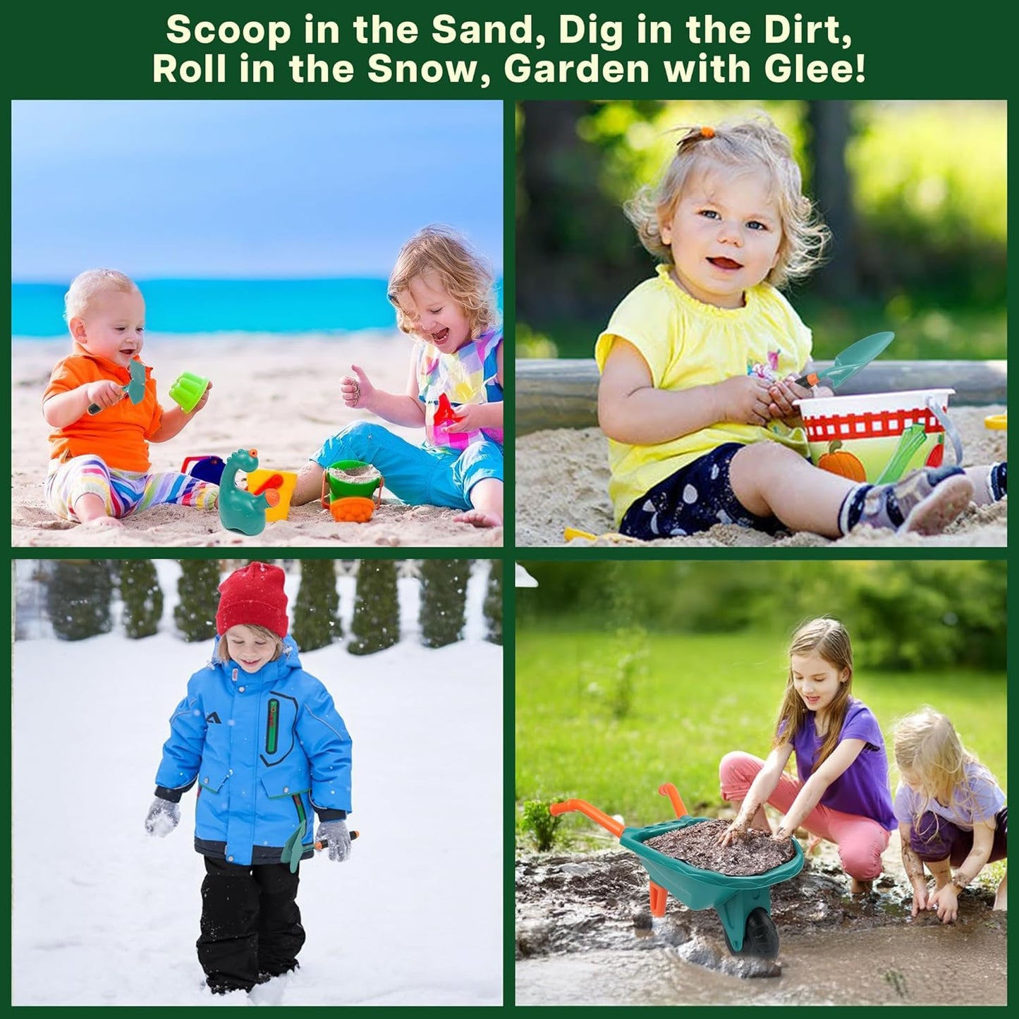 TINYLENS Kids Wheelbarrow with Garden Tool Set, Outdoor Toys Gardening Set for Toddlers 3+, Watering Can, Gloves, Hand Hoe, Washable Apron, Shovel and Fork, Gift for Boys Girls (Green)