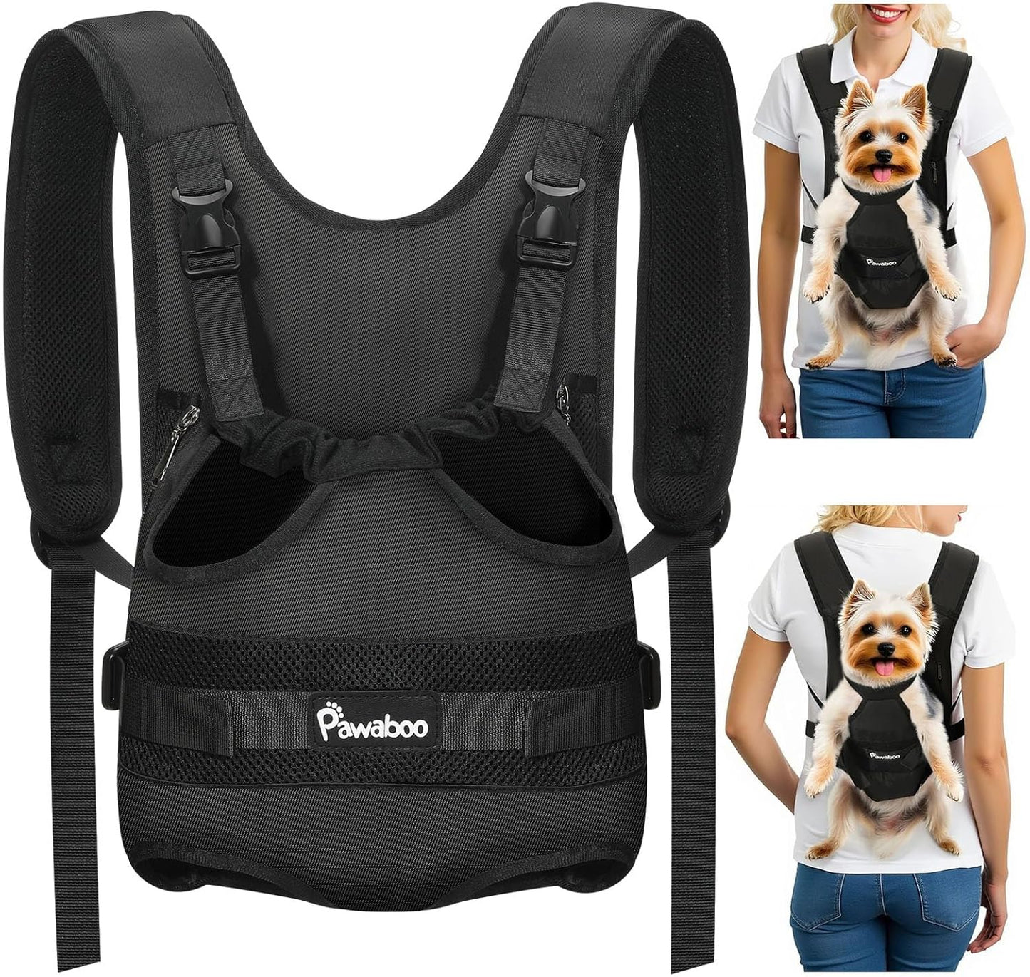 Pawaboo Pet Carrier Backpack, Adjustable Pet Front Cat Dog Carrier Backpack Travel Bag, Legs Out, Easy-Fit for Traveling Hiking Camping for Small Medium Dogs Cats Puppies, Medium, Black