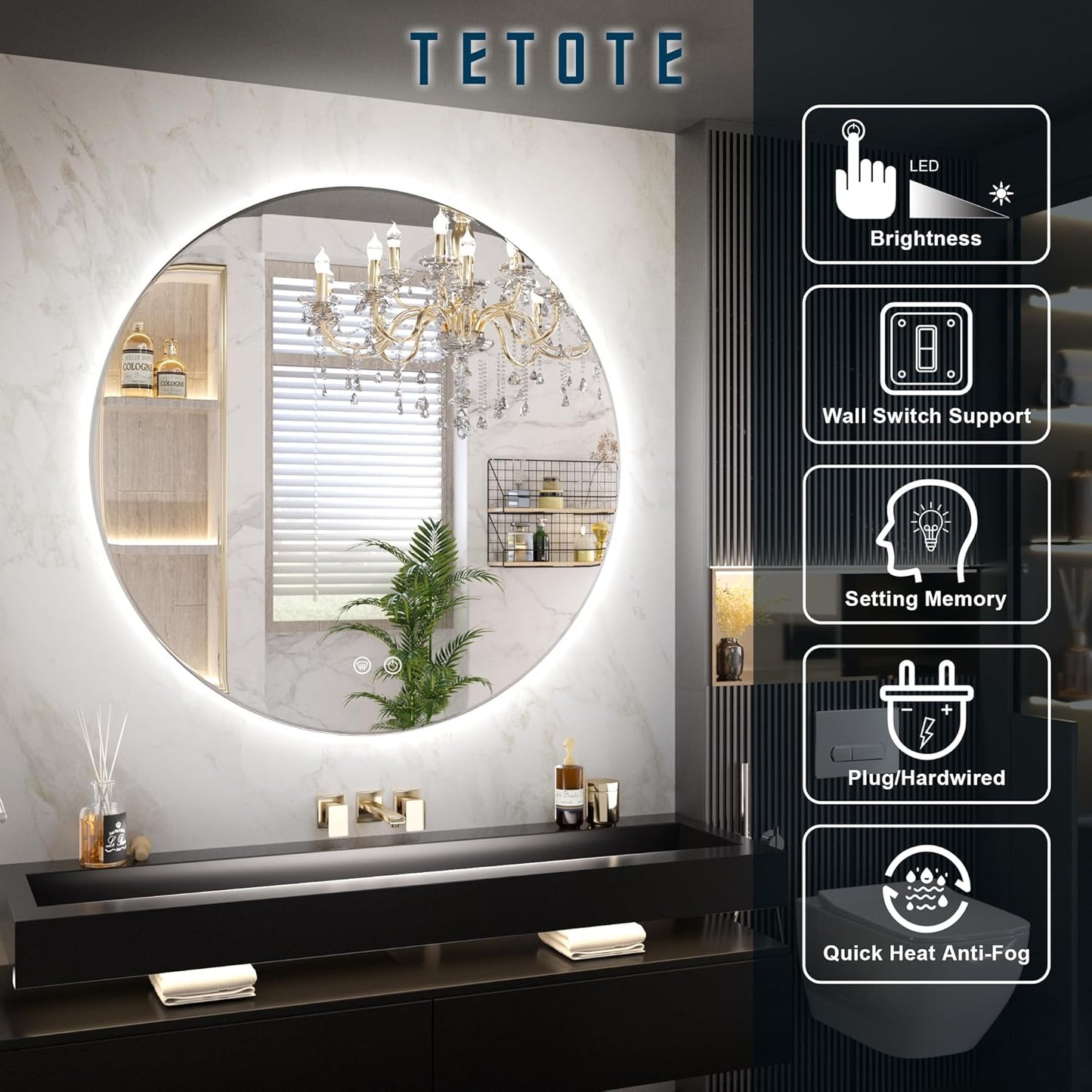 TETOTE 28 Inch Round LED Bathroom Vanity Mirror, Anti-Fog Dimmable Lights IP54 Waterproof Circle Makeup Wall Mounted Mirror
