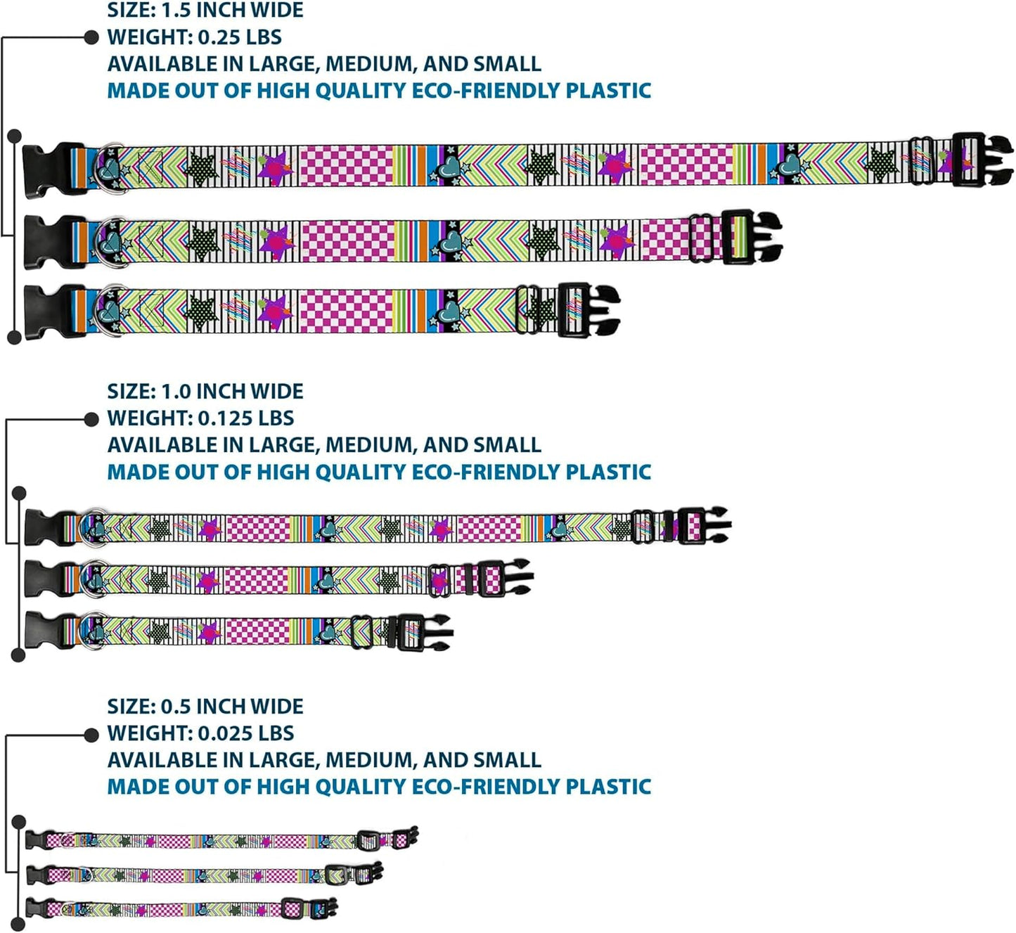 Buckle-Down PC-W21909-M Dog Collar Plastic Clip Buckle, 1"x11"-17", Star Black/White