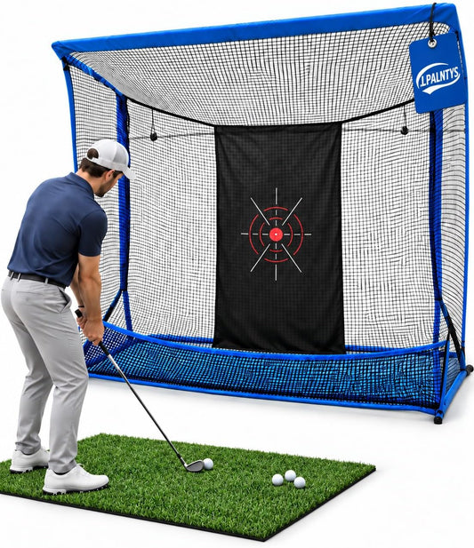 Golf Hitting Net with Extra Striking Net, 10x7ft Heavy Duty Golf Practice Net for Golfer Backyard Driving Swing, Golf Impact Net Cage Metal Frame with Storage Bag and Elevated Base (Blue)