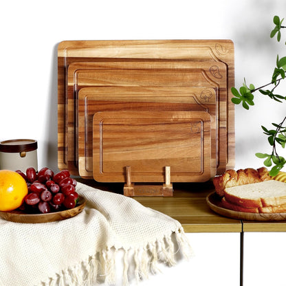 Bamboo Cutting Board for Kitchen, Bamboo Cutting Board Set of 3 with Juice Groove, Double-Sided Chopping Board Serving Board with Hanging Hole for Meat, Vegetables and Cheese