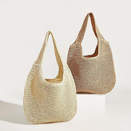 Wovanoo Hand-woven Straw Shoulder Bag Large Weaving Tote Bags Rattan Handbag for Women