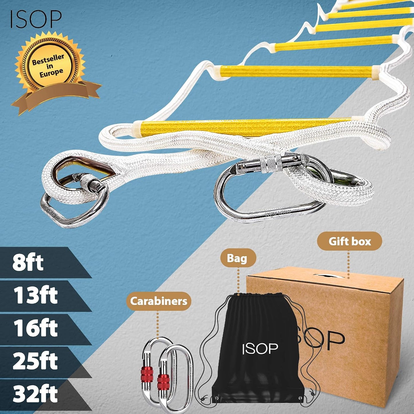 ISOP Fire Escape Rope Ladder 5 m with Spring Hooks - Emergency Evacuation Ladders - Flame Resistant Compact & Lightweight Safety Ropes 900 kg Weight Capacity - Hanging Ladders for Work