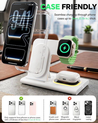 3 in 1 Foldable Charging Station for Apple Wireless Charger iPhone Charging Station for iPhone 18 Pro Max,Apple Watch 12 Charger Stand, Light Nightstand Charging Dock for iWatch/Airpods