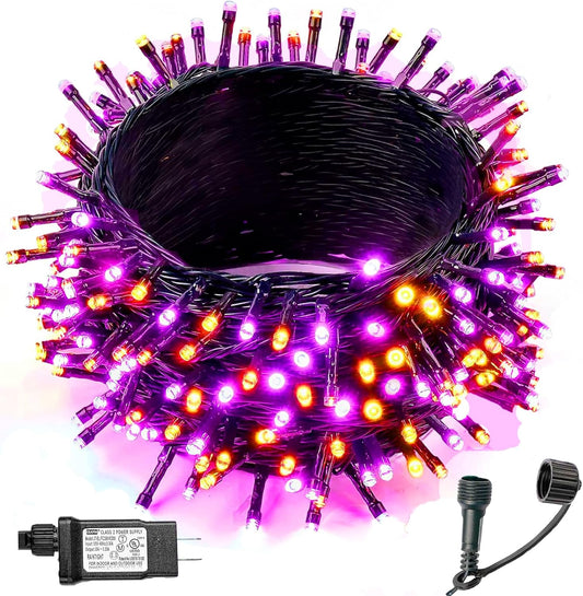 Haili Halloween Lights Outdoor, 105 FT 300 LED Halloween String Lights with Memory Function, Plug in 8 Mode String Lights for Halloween,Christmas,Party, Patio, House Decoration (Purple Orange) - PuriLite