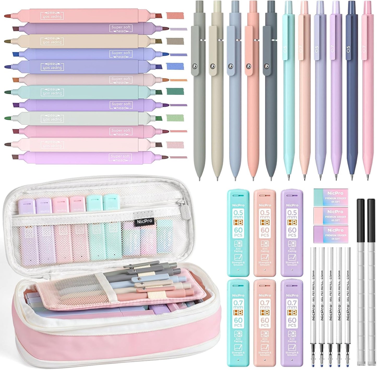 Nicpro 39 PCS Aesthetic School Supplies, Cute Pen Case Stationery Set,Green | 12 Highlighters, 5 Quick Dry Gel Pens, 6 Mechanical Pencils 0.5 & 0.7 mm, Back to School Kit for Student College Essentials