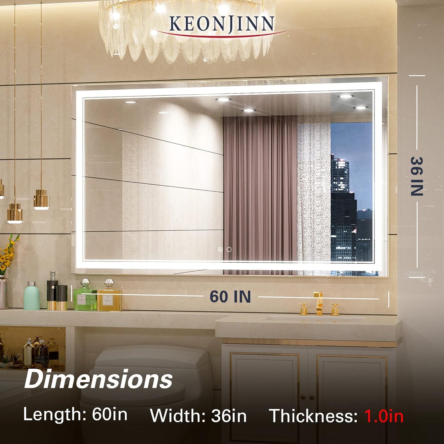 Keonjinn 40 x 24 Inch LED Mirror, Bathroom Mirror with Lights, LED Vanity Mirror, Wall Mounted Anti-Fog Dimmable Lighted Makeup Mirror for Bedroom, IP54 Waterproof (Horizontal/Vertical)