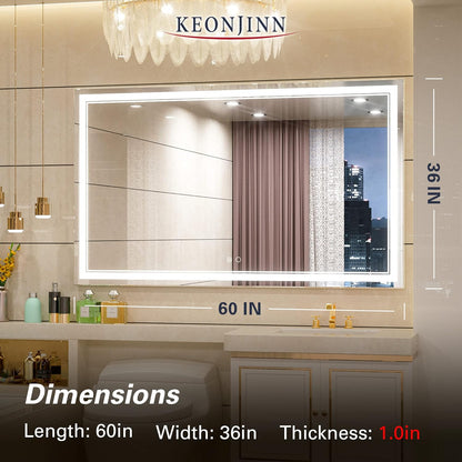 Keonjinn 40 x 24 Inch LED Mirror, Bathroom Mirror with Lights, LED Vanity Mirror, Wall Mounted Anti-Fog Dimmable Lighted Makeup Mirror for Bedroom, IP54 Waterproof (Horizontal/Vertical)