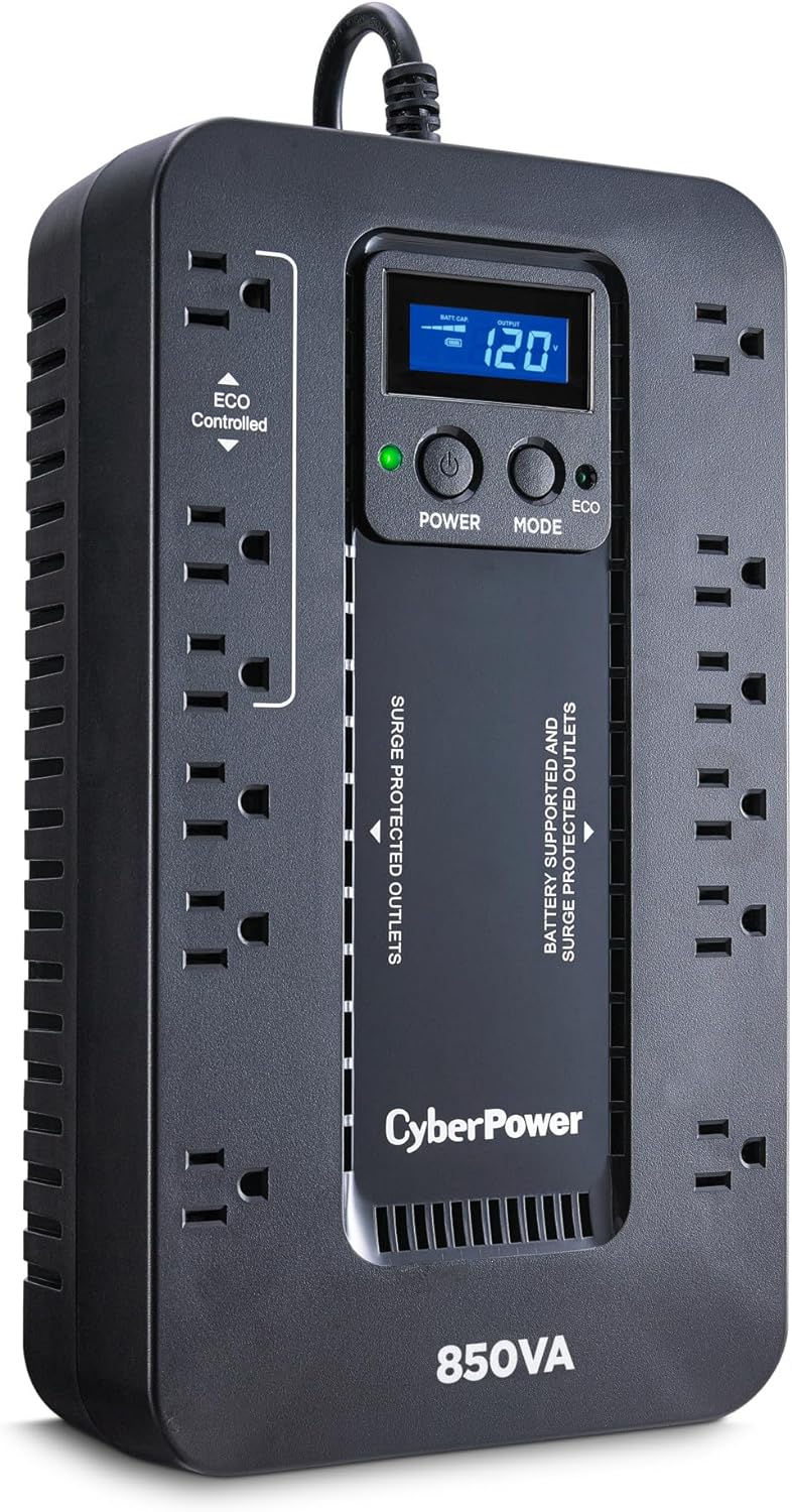 CyberPower EC850LCD Ecologic Battery Backup & Surge Protector UPS System, 850VA/510W, 12 Outlets, ECO Mode, Compact, Uninterruptible Power Supply