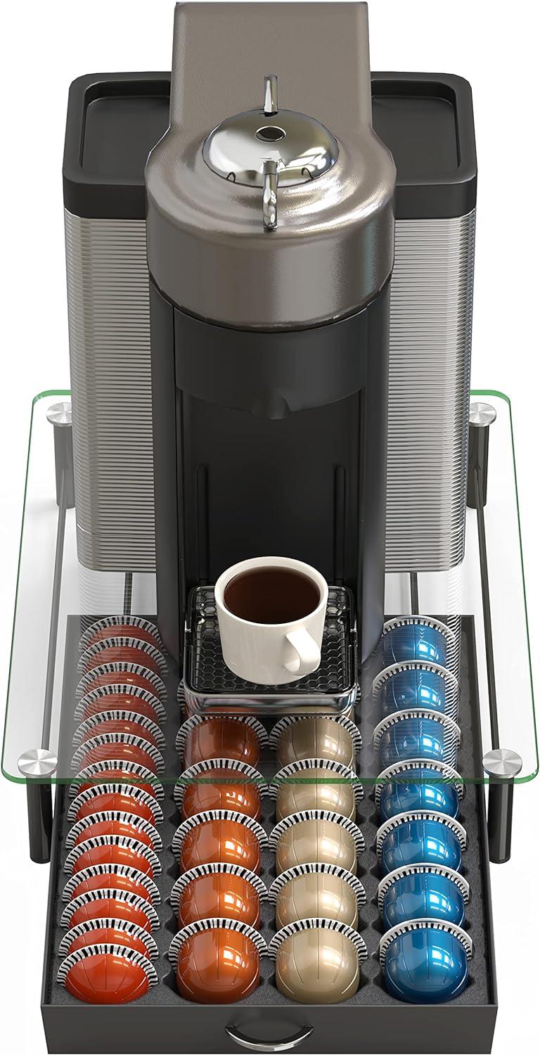 DecoBrothers Vertuo Pod Holder VertuoLine Drawer Storage for Nespresso Coffee Capsules, Crystal Tempered Glass, White