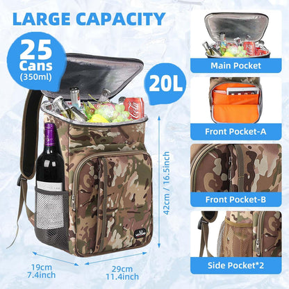 Bagtopia Camping Cooler Backpack 25 Cans, Leak Proof Insulated Thermal Bag, Beach Travel Picnic Lunch Backpack for Men Women