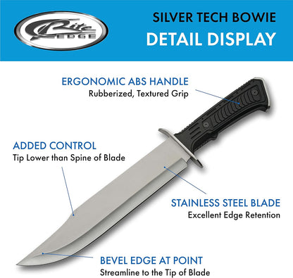 SZCO Supplies 15" Outdoor Survival Silver Tech Bowie Blade Knife, 211515-SL