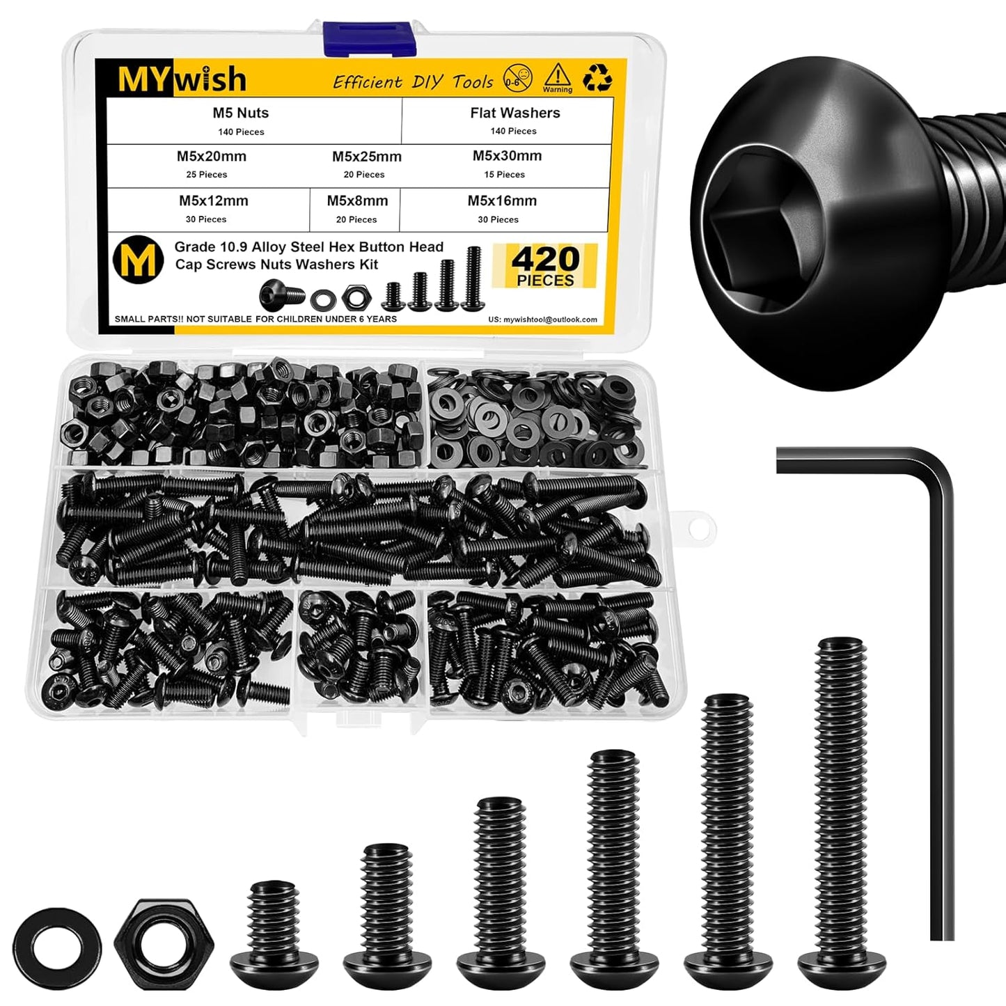 Mywish 900Pcs Metric Screw Assortment, M3 M4 M5 M6 Screw Assortment Kit 304 Stainless Steel Hex Socket Button Head Socket Cap Metric Screws Bolts & Flat Washers/Nuts/Hex Wrenches 16 Sizes 8MM to 20MM