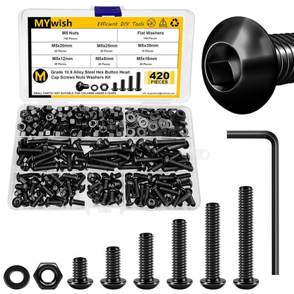 Mywish 900Pcs Metric Screw Assortment, M3 M4 M5 M6 Screw Assortment Kit 304 Stainless Steel Hex Socket Button Head Socket Cap Metric Screws Bolts & Flat Washers/Nuts/Hex Wrenches 16 Sizes 8MM to 20MM