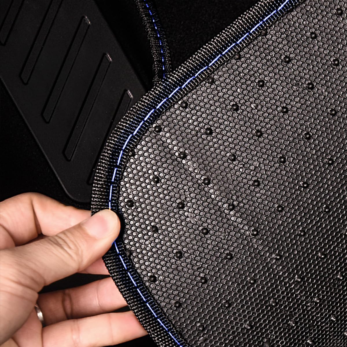 CAR PASS Rainbow Waterproof Universal Fit Faux Leather Car Carpet- Anti-Slip Nibbed Backing Floor Mats for SUV, Vans, Sedans, Trucks, Automotive Set of 4pcs (Black with Blue)