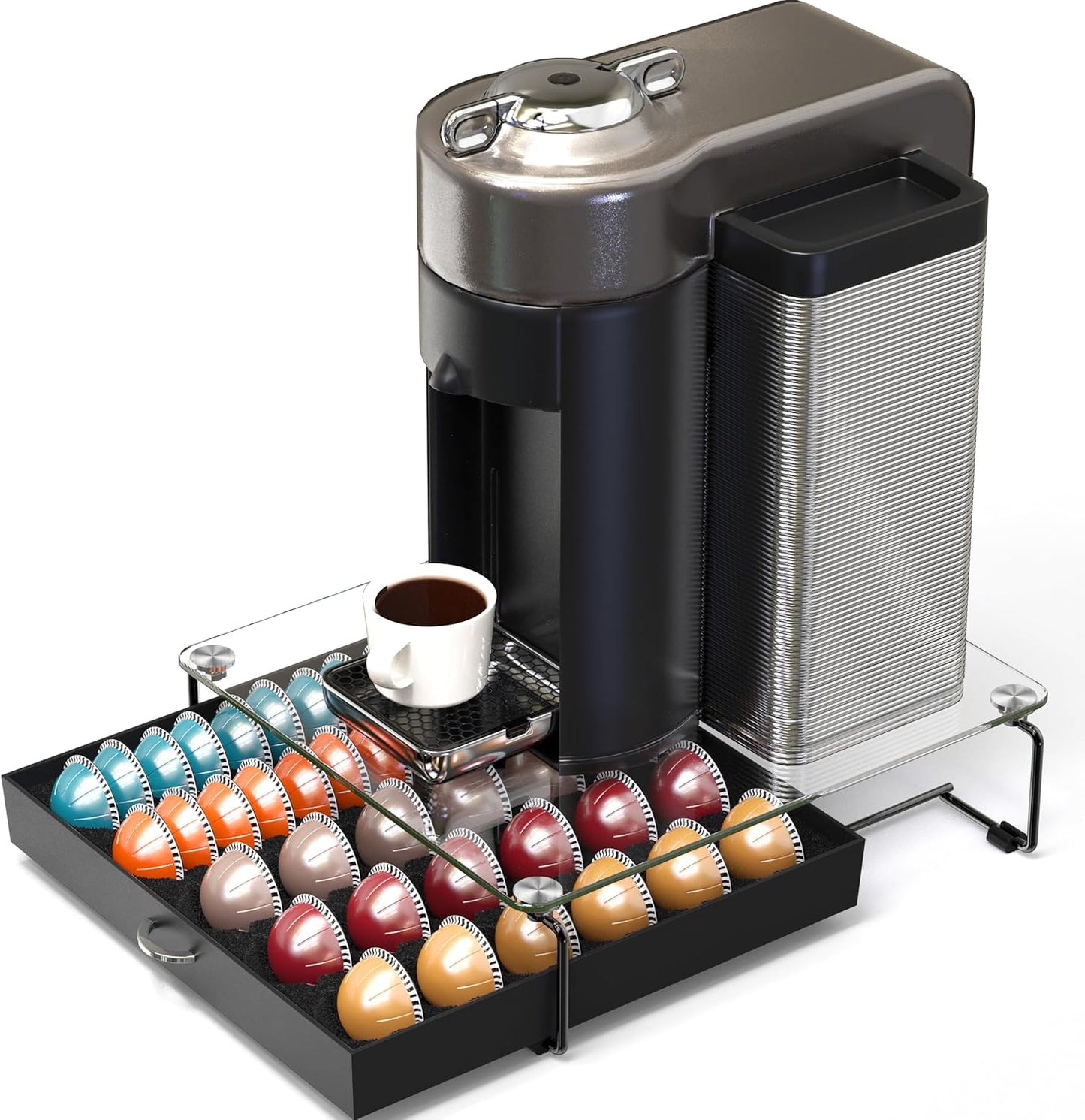 DecoBrothers Vertuo Pod Holder VertuoLine Drawer Storage for Nespresso Coffee Capsules, Crystal Tempered Glass, White