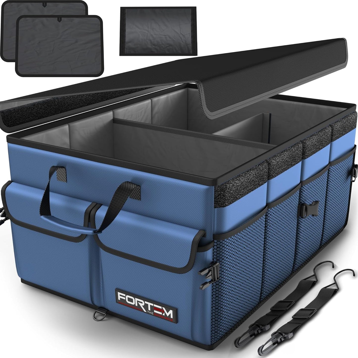FORTEM Car Trunk Organizer, Collapsible Multi Compartment Car Organizer, Foldable SUV Storage for Car Accessories for Women Men, Non Slip Bottom, Securing Straps, Soft Cover 50L (Black, Standard)